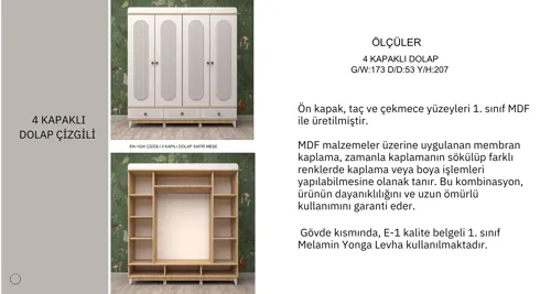 4 Kapaklı Çizgili Gardrop