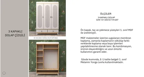 3 Kapaklı Çizgili Gardrop